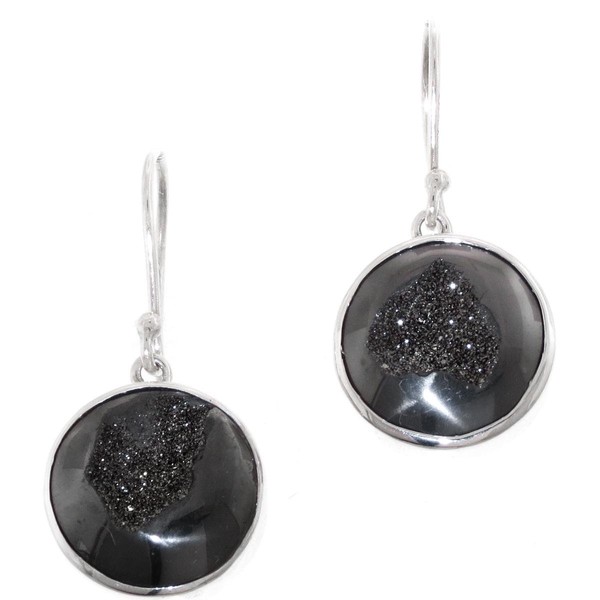 Sparkling Black Titanium Druzy 925 Sterling Silver Earrings, 5/8"