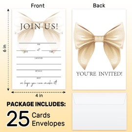 LETUROIA 25 Pcs Champagne Bow Invitation Cards With Envelopes - Join us Invitations For Wedding Baby Shower Birthday, 4x6 Inch Fill-In Style Double-Sided -02