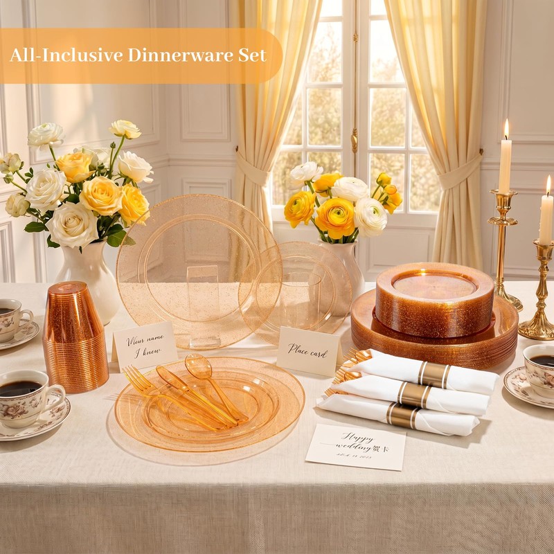 350PCS Orange Glitter Plastic Dinnerware Set for 50 Guests