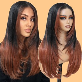 Wear and Go Glueless Wig Pre Plucked Pre Cut Skunk Stripe Reddish Brown with Black Synthetic Lace Front Wigs for Women Layered 13x4x1 Middle Part Glueless Wig Ready to Wear 26 Inch
