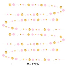 46Ft Gold Pink White Circle Dots Garland Party Decorations Metallic Gold Light Pink Hanging Paper Polka Dots Streamer for Girls Women Princess Birthday Wedding Bridal Baby Shower Bachelorette Decor