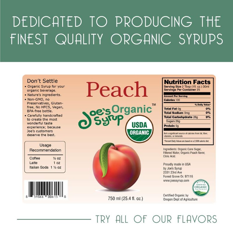 Joe’s Syrup Organic Flavored Syrup, Organic Peach, 750 ml (3