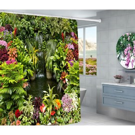 SCVBLJS Floral Shower Curtain Waterproof Bathroom Bathtub Polyester floral Bathroom Curtain Flower forest scenery green curtain Garden Home curtain leaves Background With Hooks 180X180cm