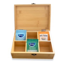 Wooden Storage Box with Lid - Wood Tea Box Organiser with Compartments - Kitchen Organiser Storage Box for Teabags Coffee Pods Spices and Seasonings - Display Box Craft Box & Small Wooden Case Crate