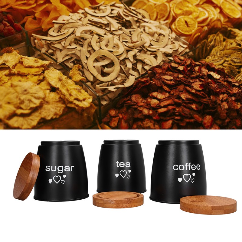 3Pcs Coffee Tea Sugar Container Set Bamboo Lid Durable Iron