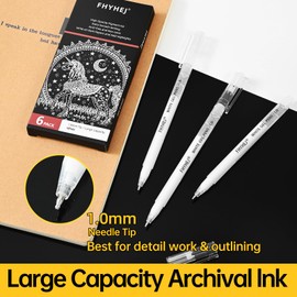 Fhyhej White Gel Pens,1mm, Fine Point Opaque White Archival Ink Pen for Black Paper Drawing, Sketching, Illustration, Bullet Journaling, Pack of 6