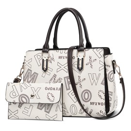 FORRICA Women's Elegant Handbag, Shoulder Bag, PU Leather Shoulder Bag with Card Holder, 2-Piece Set for Travel, Banquet, Shopper, White (white A), Handbag