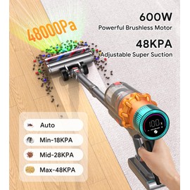 REBANIC Cordless Vacuum Cleaners for Home,8-in-1/65Min/600W/48Kpa Powerful Suction,Self-Standing Cordless Stick Vacuum Cleaner,Lightweight Anti-Tangle Rechargeable Vacuum for Floor/Carpet/Pet Hair/Car