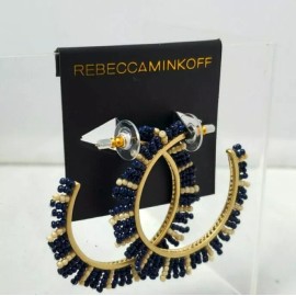 Rebecca Minkoff Beaded Fringe Hoop Ear Blue  pearl beads gold frame retail $48