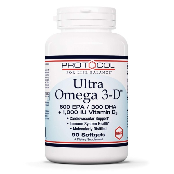 Protocol For Life Balance - Ultra Omega 3-D - 600 EPA / 300 DHA + 1,000 IU Vitamin D3 for Cardiovascular Support and Immune System Health - 90 Softgels