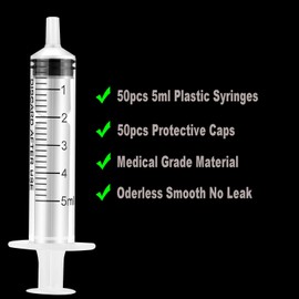 50 Pack 5ml Plastic Syringes with Caps for Science Labs, Liquid Measuring, Watering, Refilling, Oral,Pet