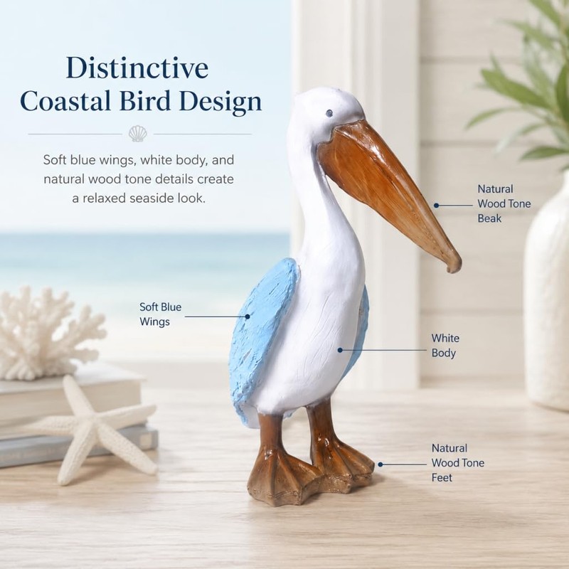 Coastal Beach Nautical Pelican Resin Statue Decor