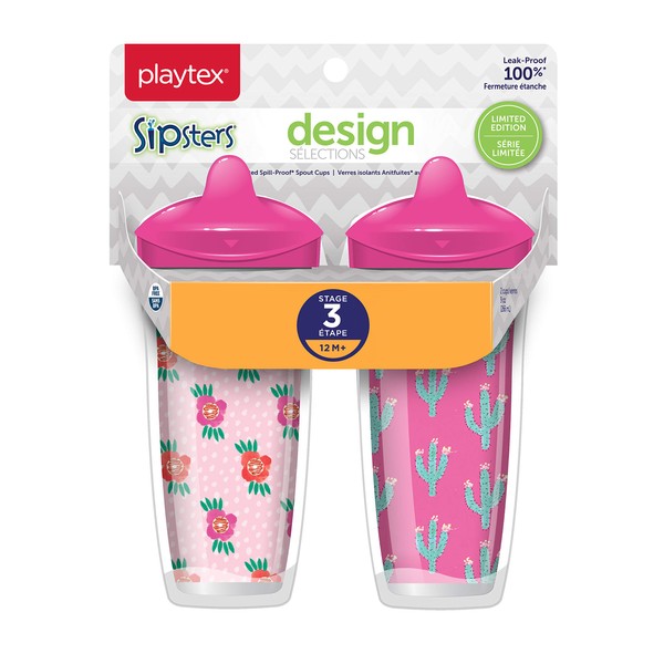 Playtex Sipsters Stage 3 - A prueba de derrames, a prueba de fugas, a prueba de roturas para niñas, 9 onzas, paquete de 2, rosa, edición limitada
