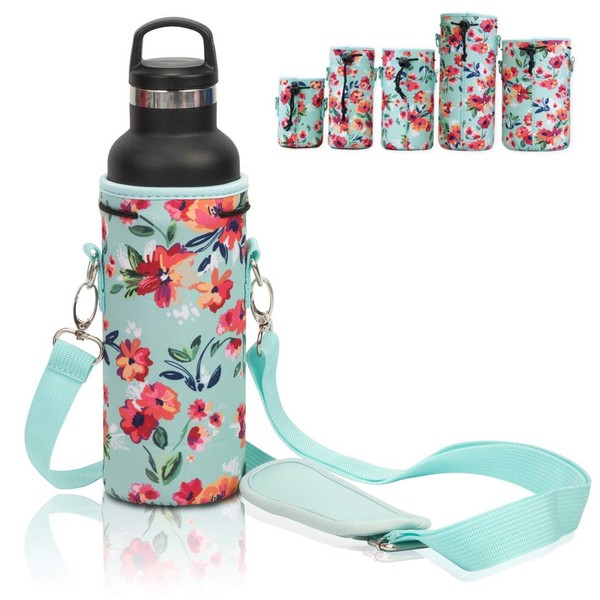 Made Easy Kit Neoprene Water Bottle Carrier Holder with Adjustable Shoulder Strap for Insulating & Carrying Water Container Canteen Flask Available in 5 Sizes (Teal Floral, XL (64oz))