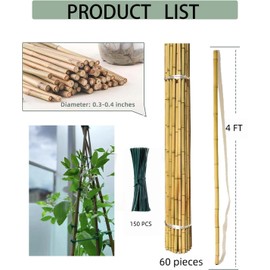 Moromyse 60 Pack 4 Ft Bamboo Stakes for Plant with 200 Twist Ties Bamboo Sticks Plant Support Garden Stakes Poles for Tomatoes Cucumber Grapes Pole Beans Trees Potted Dahlia Flowers