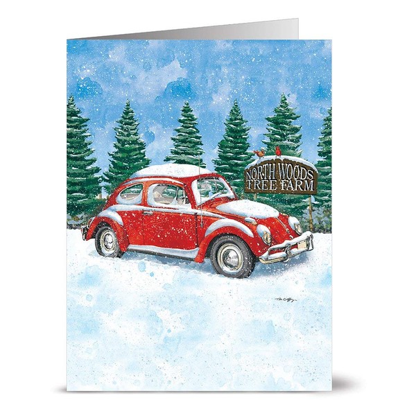 Note Card Cafe Christmas Card with Envelopes | 24 Pack | Blank Inside, Glossy Finish | Vintage Car in North Woods Design| Set for Holidays, Winter, Gifts, Presents, Secret Santa, Work Parties