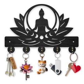 MAYJOYDIY Wooden Lotus Meditation Key Hook Zen Lotus Wall Mounted Coat Rack 11.8 x 7.8 inches Black Art Buddhist Buddha Key Hanger with 5 Alloy Hooks for Bedroom Kitchen Entryway Office