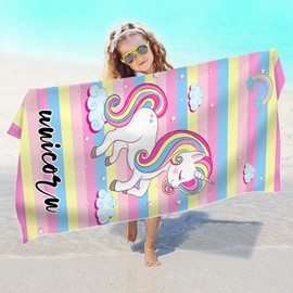 FEELJAM Children's Beach Towel Girls Unicorn Bath Towel Beach Towel 70 x 140 cm Girls Beach Towel Kids Swimming Shower Towel - Multicoloured Stripes