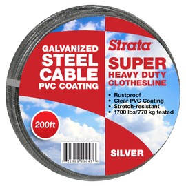 Strata 200 Feet Clothesline Outdoor Heavy Duty Galvanized Wire Steel Cable, Silver PVC Coating - Clothes Line Wires for Outside Laundry Drying