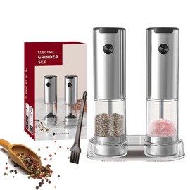 Electric Salt and Pepper Grinder Set, Automatic Salt Pepper Mill Grinder with Adjustable Coarseness, 95ml Large Capacity, LED Light & Easy Refill, Battery Operated Spice Grinders for Kitchen (Sliver)