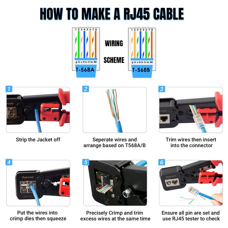AMPCOM RJ45 Pass-Thru Crimping Tool Network Crimper for Continuity and