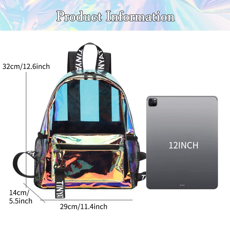 TINYAT Holographic Clear Backpack Mini Colorful Laser Transparent Backpack Heavy