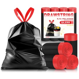 QILERR 4-6L Drawstring Small Bin Liners 80 Counts Mini Black Bin Bag with Tie Tap Handle Thicken Pedal Waste Bags for Bathroom, Office, Car