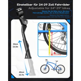 WATSABRO Bicycle Stand 24-29 Inches, Height-Adjustable Bicycle Stand, Dotted Non-Slip Rubber Feet, Maximum Load 35 kg, Side Stand Suitable for City Bikes, Mountain Bikes, VTT