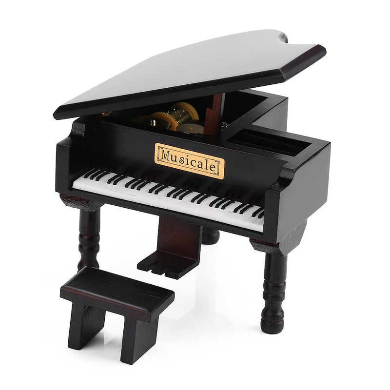 Grand Piano Shaped Windup Wooded Music Box with Small Stool
