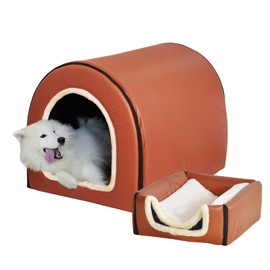 Dog Bed,2 Ways to Use,Indoor Pet House with Fluffy Mat,Removable and Washable Cover,Splash-Proof House and Non-Slip Bottom,for Large Dogs(2XL Brown Faux Leather)