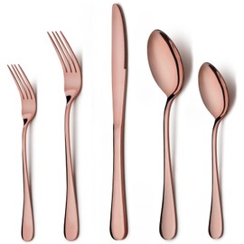 LIANYU 10-Piece Copper Silverware Flatware Set, Stainless Steel Cutlery Set for 2, Eating Utensils Tableware for Wedding Festival Party, Mirror Finished, Dishwasher Safe