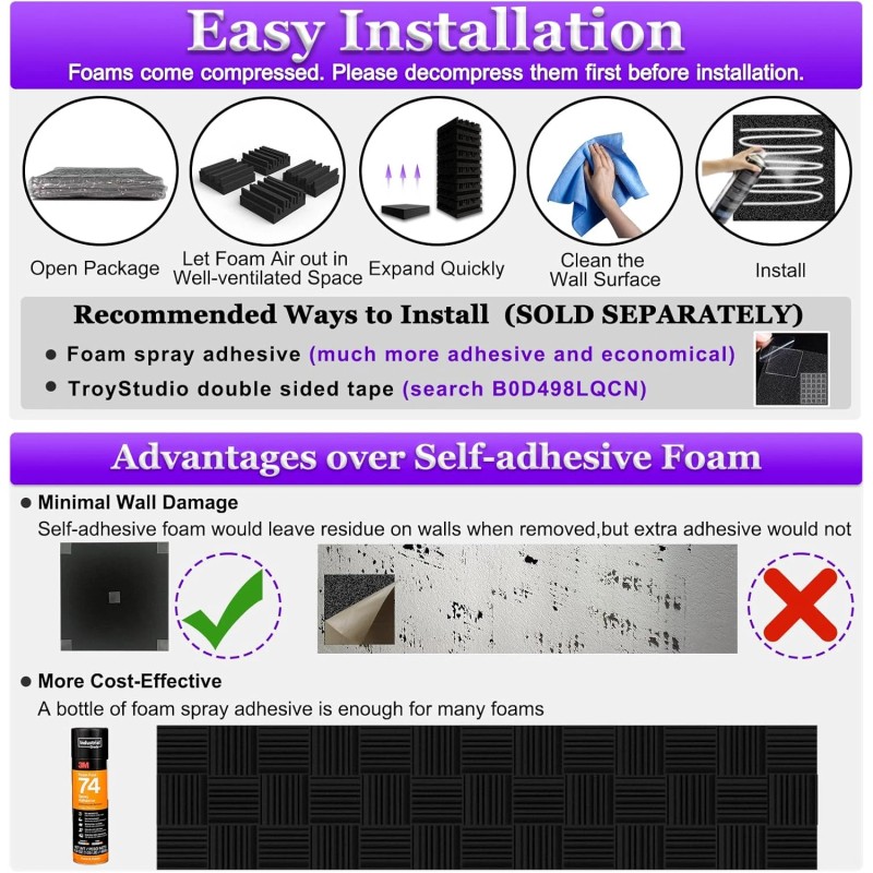 Troystudio Thick Acoustic Foam Panels, 12 X 12 X 3