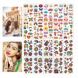 Hippie Tattoos Pack of 20, Floral Pattern, Children's Face, Carnival, Flower Power Tattoos Temporary for Adults & Children - Colourful Hippie Accessories for Party, Festival, Tattoo Wedding & Theme