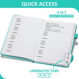 Comkiso Password Book with Individual Alphabetical Tabs Laminated, Large Print Password Keeper Book for Seniors, A5 Hardcover Internet Password Log Book to Record Website Login Details - Aquamarine