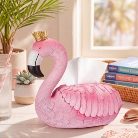 Sieral Pink Flamingo Tissue Box Cover with Crown, Flamingo Bathroom Decor Resin Tropical Decorative Tissue Holder Summer Countertop Napkin Holder for Women Beach House Gifts