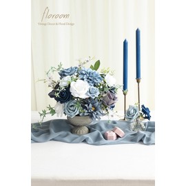 Floroom Dusty Blue Navy Artificial Flowers Fake Roses Peonies Dahlias and Greenery Combo Box Set for DIY Wedding Bouquets Bridal Shower Centerpieces Floral Arrangements Party Tables Home Decorations