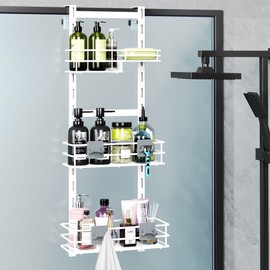 Orimade Over The Door Shower Caddy Adjustable 3 Tier White,Bathroom Hanging Organizer Shelf Rustproof with 4 Hooks,Shower Basket with Soap Holder and Suction Cup