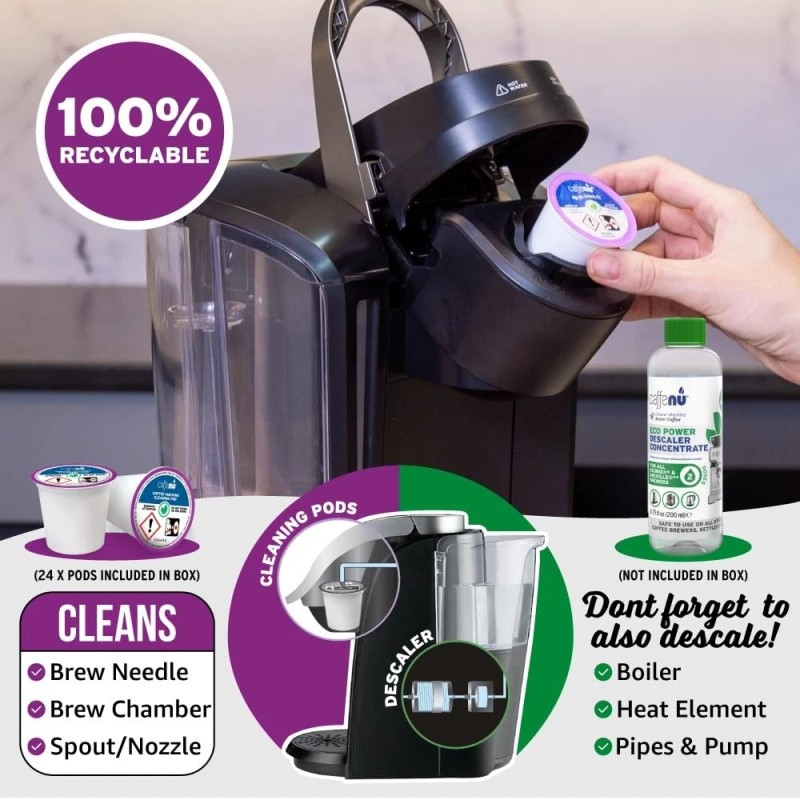 Caffenu Keurig Compatible Cleaning Pods. 24 Rinse Pods Cleaner Kit.
