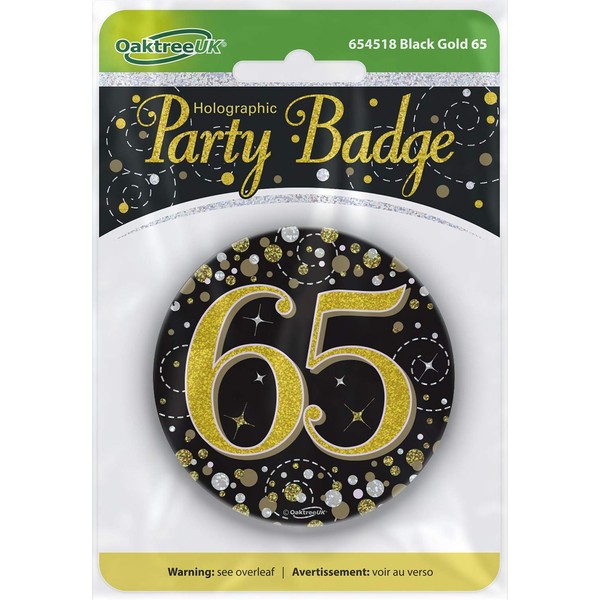 OakTree 3" Badge 65th Birthday Sparkling Fizz Black Gold Holographic
