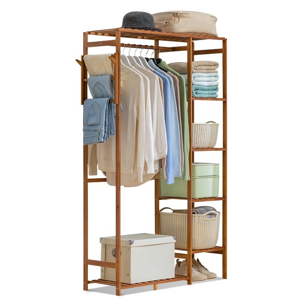 MoNiBloom Bamboo Garment Rack with Shelves 6 Tier Closet Coat Storage Organizer Clothes Hanging Rack with Pants Rack & Hooks for Bedroom, Living room, Office, Mudroom, Brown