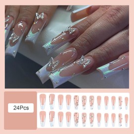 Butterfly Press on Nails Long Square Fake Nails White French Tip False Nails Press ons with Rhinestone Design Acrylic Glue on Nails Full Cover Cute Artificial Stick on Nails for Women Manicure 24pcs