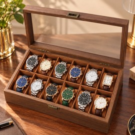 Wooden Watch Display Box for Watch Collection Storage – Glass Lid and Soft-Lined Compartments for Home Organization