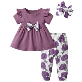 Zoputey Infant Baby Girl Clothes Ruffle Tops with Bow Short Sleeve Floral Pants Outfit Set, Purple, 6-9 Months