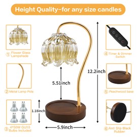 SupBri Candle Warmer Lamp, Flower Candle Warmer with Timer & 4Bulbs, Dimmable Electric Wax Melts Warmer for Jar Candles Vintage Room Decor (Gold)