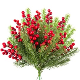 WXJ13 30 Pieces Artificial Pine Branches Christmas Holly Berries Artificial Red Berry Stems for Christmas Wreath Decorations Xmas Tree Decoration