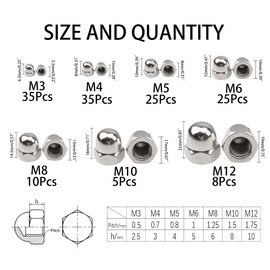 Rrina 143Pcs 304 Stainless Steel Acorn Dome Cap Head Hex Nuts Assortment Kit, M3 M4 M5 M6 M8 M10 M12