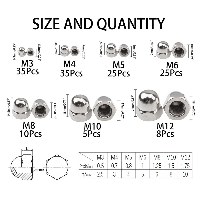 Rrina 143Pcs 304 Stainless Steel Acorn Dome Cap Head Hex