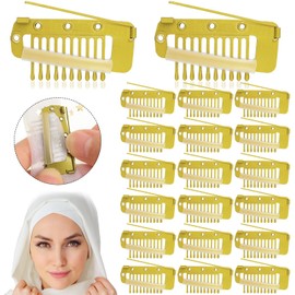 Crowye 20 Pieces Chunni Clips with Safety Pins 10 Teeth Wig Clips Strong Dupatta Grip Clip Flat Dupatta Setting Clips Hair Extension Clips for Woman Hijab Veil Hair Extensions Hairpieces (Gold)