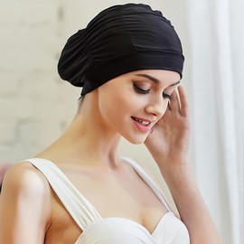 Women Comfort Swimming Hat Swim Turban Ladies Soild Color Long Hair Swimming Cap Fashion Stylish Breathable Pleated Elastic Bathing Cap Swim Cap（One Size）