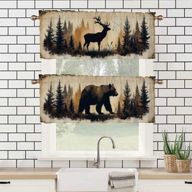 Vintage Lodge Rustic Kitchen Curtains 2 Set for Windows Farmhouse Retro Forest Deer Bear Decorative Small Window Curtains Valance for Cafe Living Room Bathroom Window Treatment Valances 54x18in